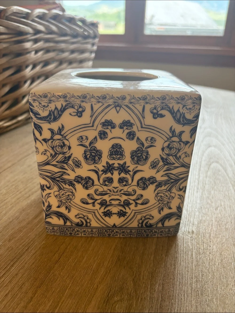 Kassatex Blue and White Floral Ceramic Tissue Box Cover